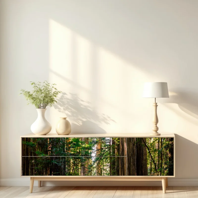 Repositionierbarer Aufkleber majestätischer weg im sekwoienwald