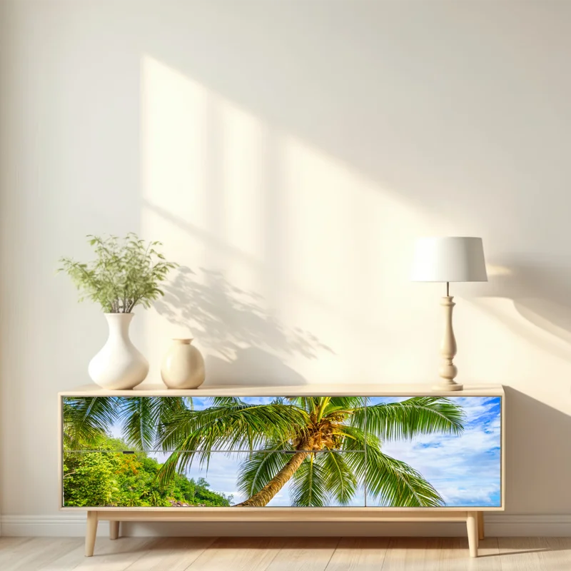 Repositionierbarer Aufkleber tropische palme am weißen sandstrand