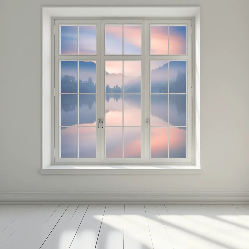 Fensteraufkleber nebeliger bergsee bei dämmerung