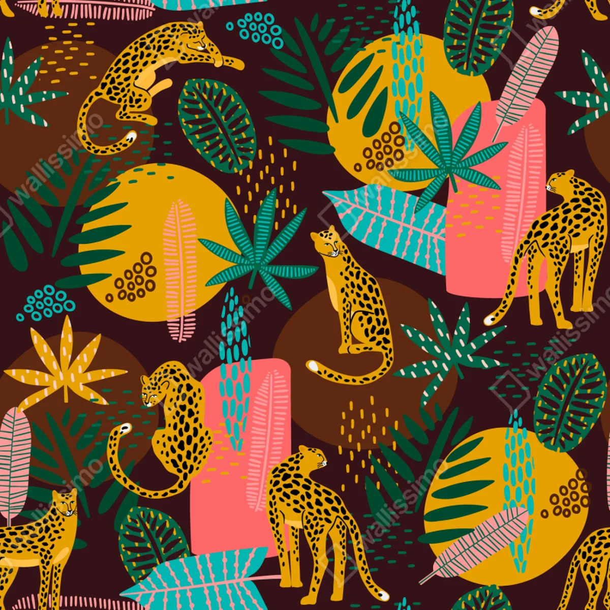 Repositionierbarer Aufkleber tropisches gepardenmuster mit lebhaften blättern Repositionierbarer Aufkleber tropisches gepardenmuster mit lebhaften blättern