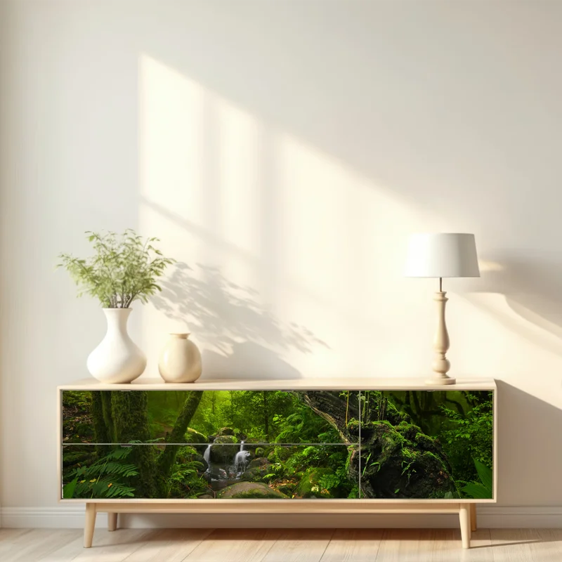 Repositionierbarer Aufkleber moosiger waldbach im morgenlicht