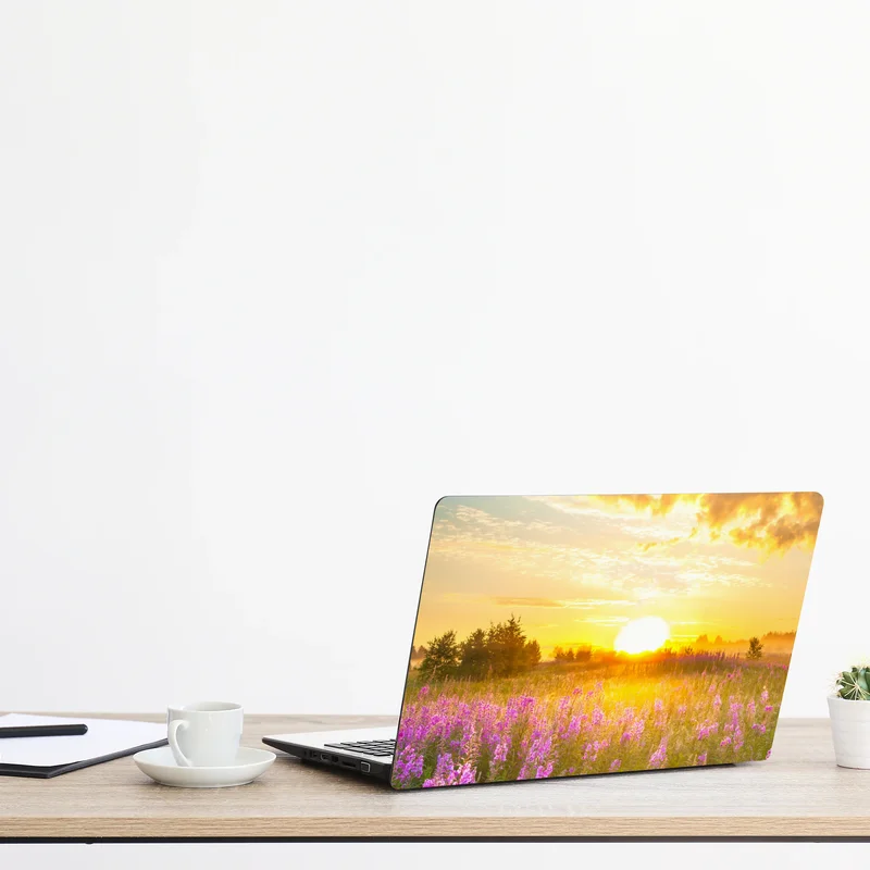 Naklejka na laptopa wschód słońca nad łąką pełną fioletowych kwiatów