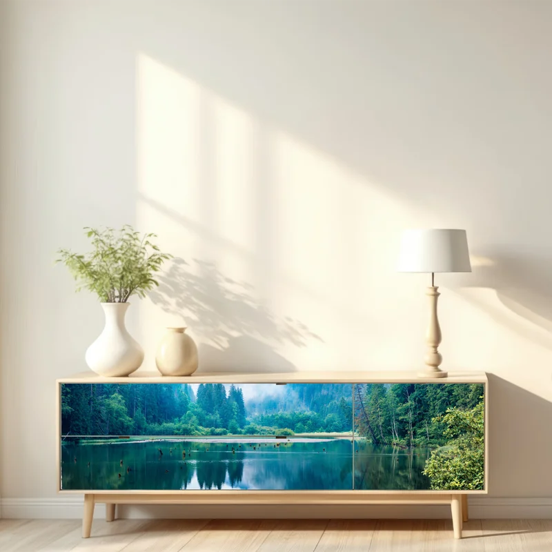 Repositionierbarer Aufkleber nebliger morgen am see Lacu Rosu, Rumänien