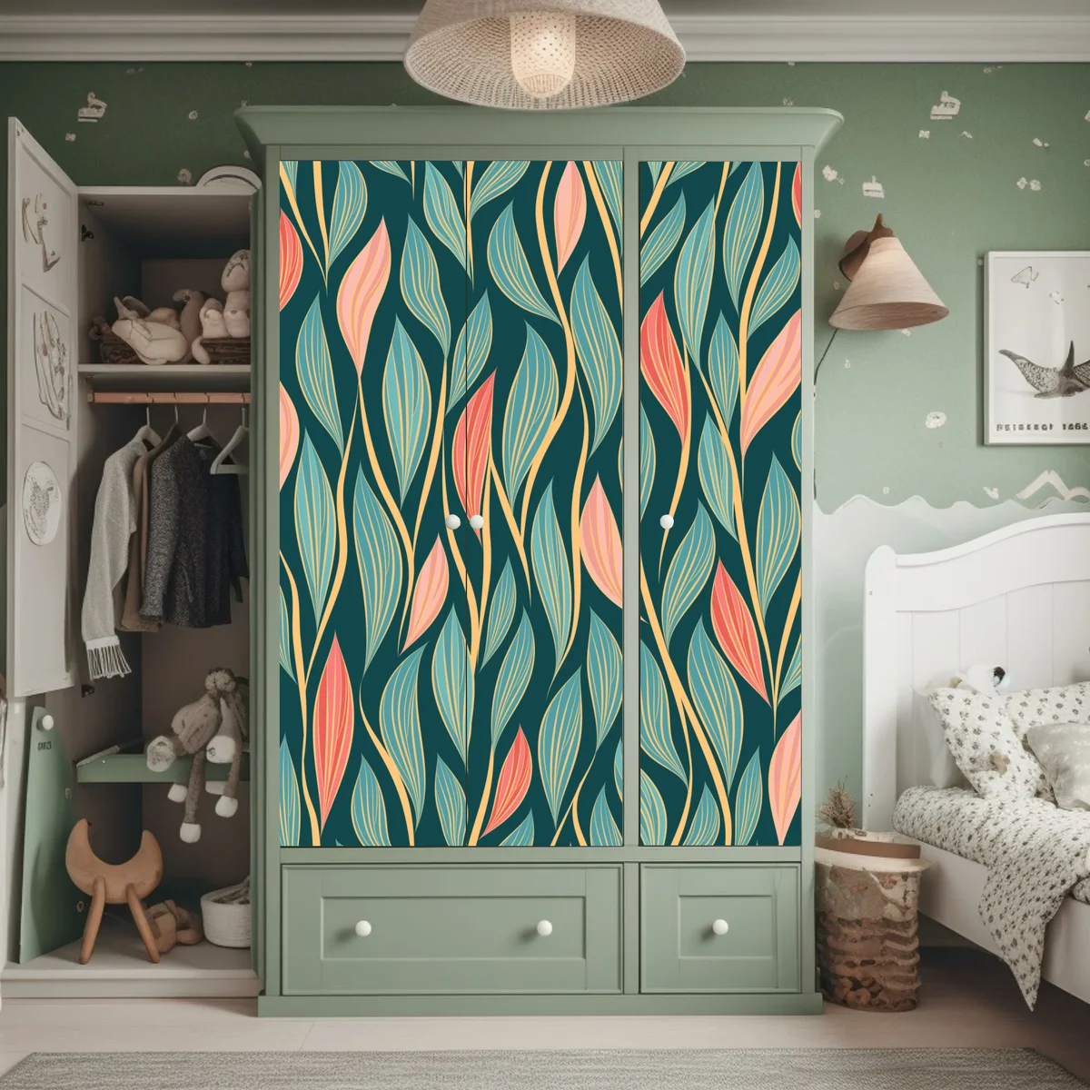 Schrankaufkleber botanisches blattmuster in türkis und koralle Schrankaufkleber botanisches blattmuster in türkis und koralle