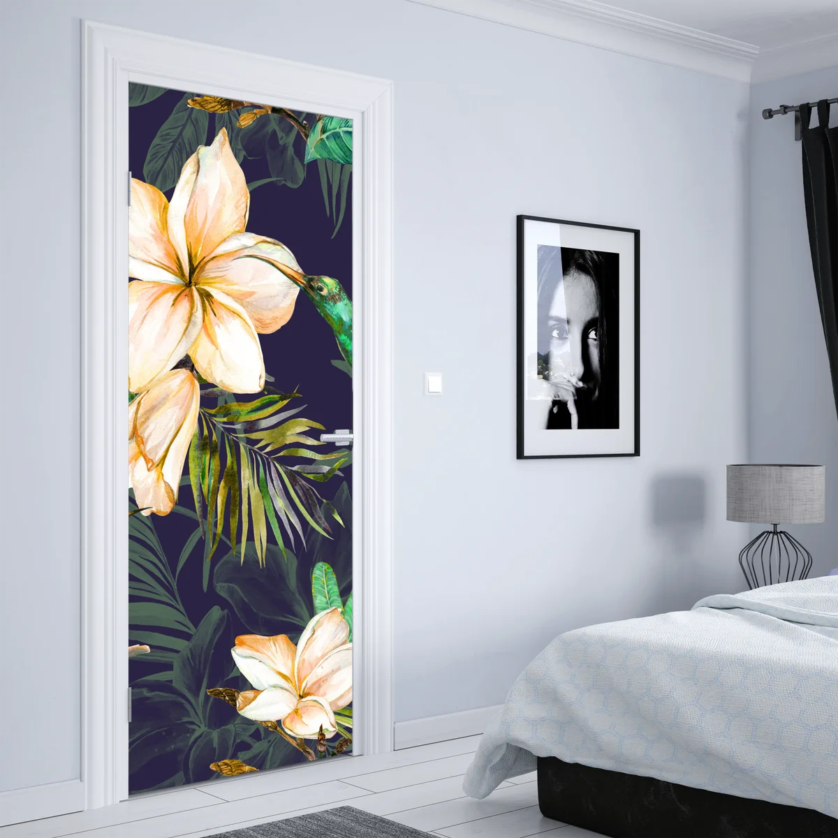 Türaufkleber tropische kolibris und plumeria in aquarell Türaufkleber tropische kolibris und plumeria in aquarell