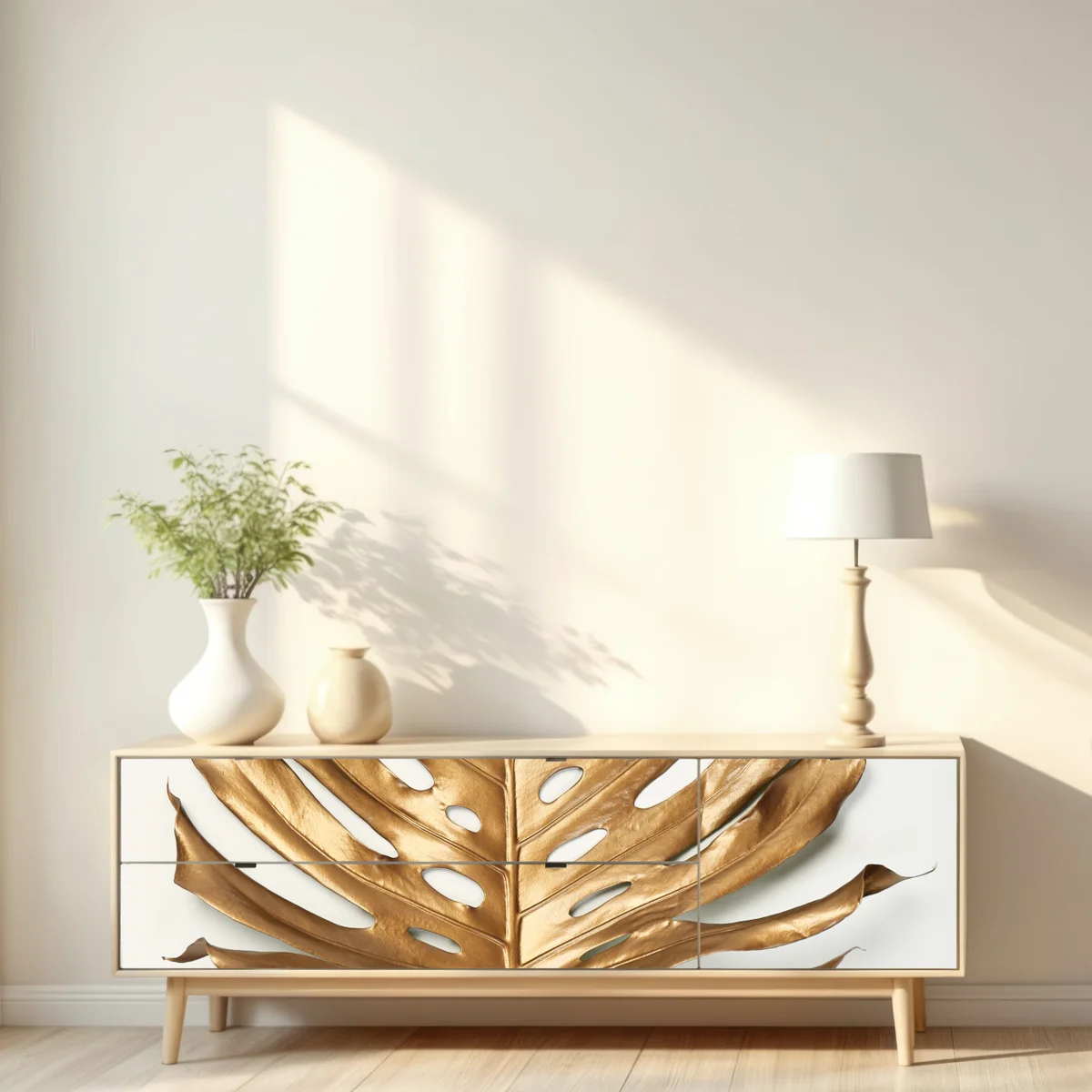 Repositionierbarer Aufkleber goldenes monstera blatt auf weißem hintergrund Repositionierbarer Aufkleber goldenes monstera blatt auf weißem hintergrund