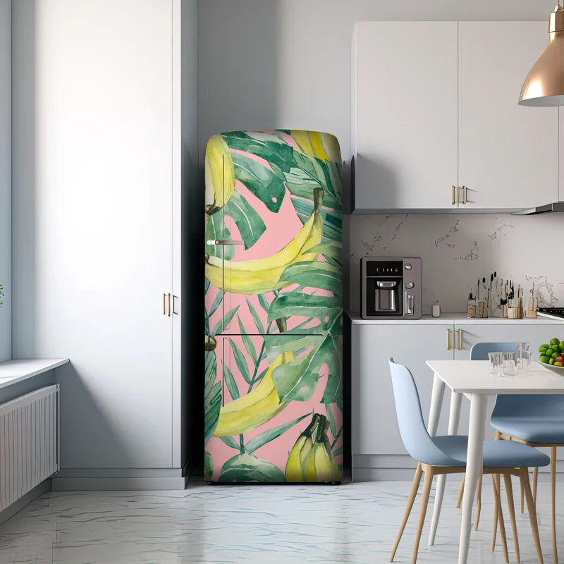 Kühlschrankaufkleber aquarell-bananen und blättermuster auf rosa hintergrund