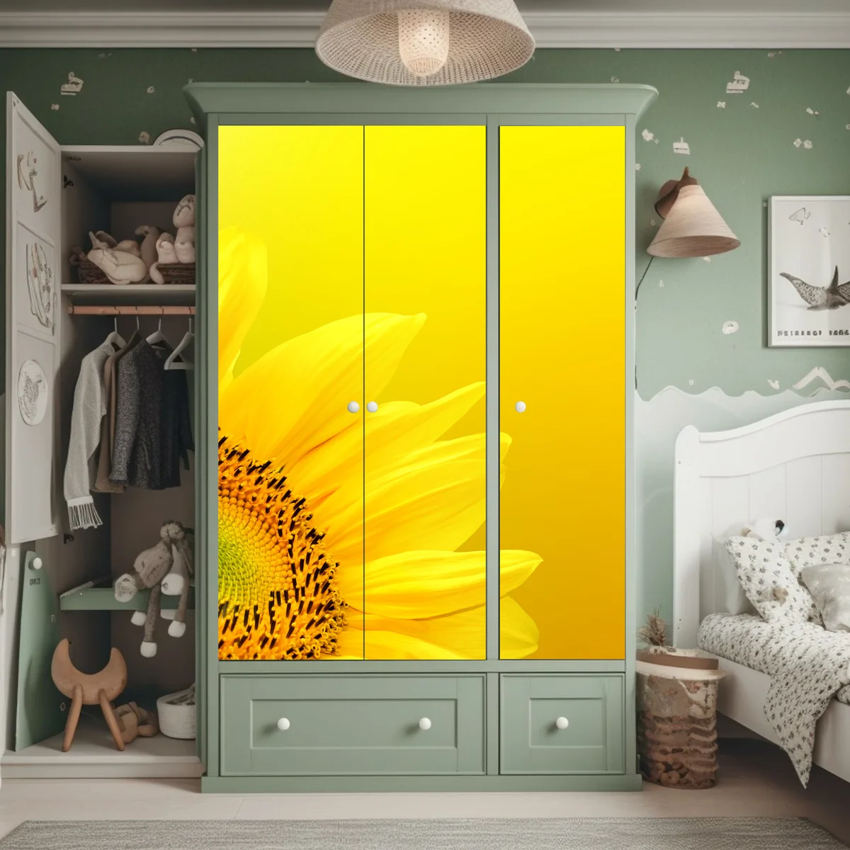 Schrankaufkleber leuchtende sonnenblume nahaufnahme auf gelbem hintergrund Schrankaufkleber leuchtende sonnenblume nahaufnahme auf gelbem hintergrund