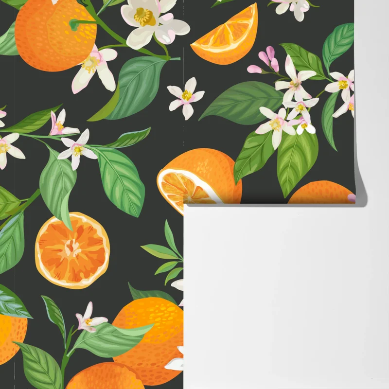 Fototapete orangeblüten- und zitrusmuster auf dunklem hintergrund Fototapete orangeblüten- und zitrusmuster auf dunklem hintergrund