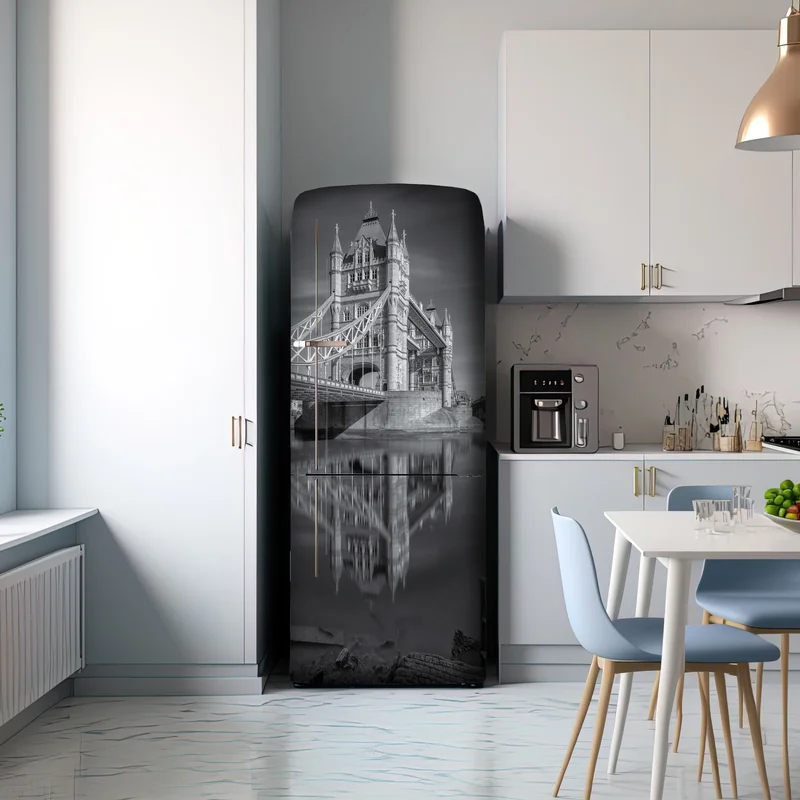 Kühlschrankaufkleber Tower Bridge reflektiert in schwarzweiß