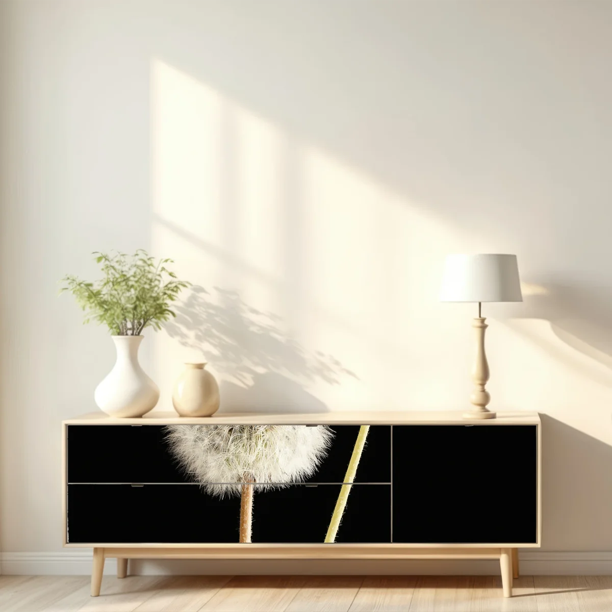 Repositionierbarer Aufkleber zarte löwenzahnsamen auf schwarzem hintergrund Repositionierbarer Aufkleber zarte löwenzahnsamen auf schwarzem hintergrund