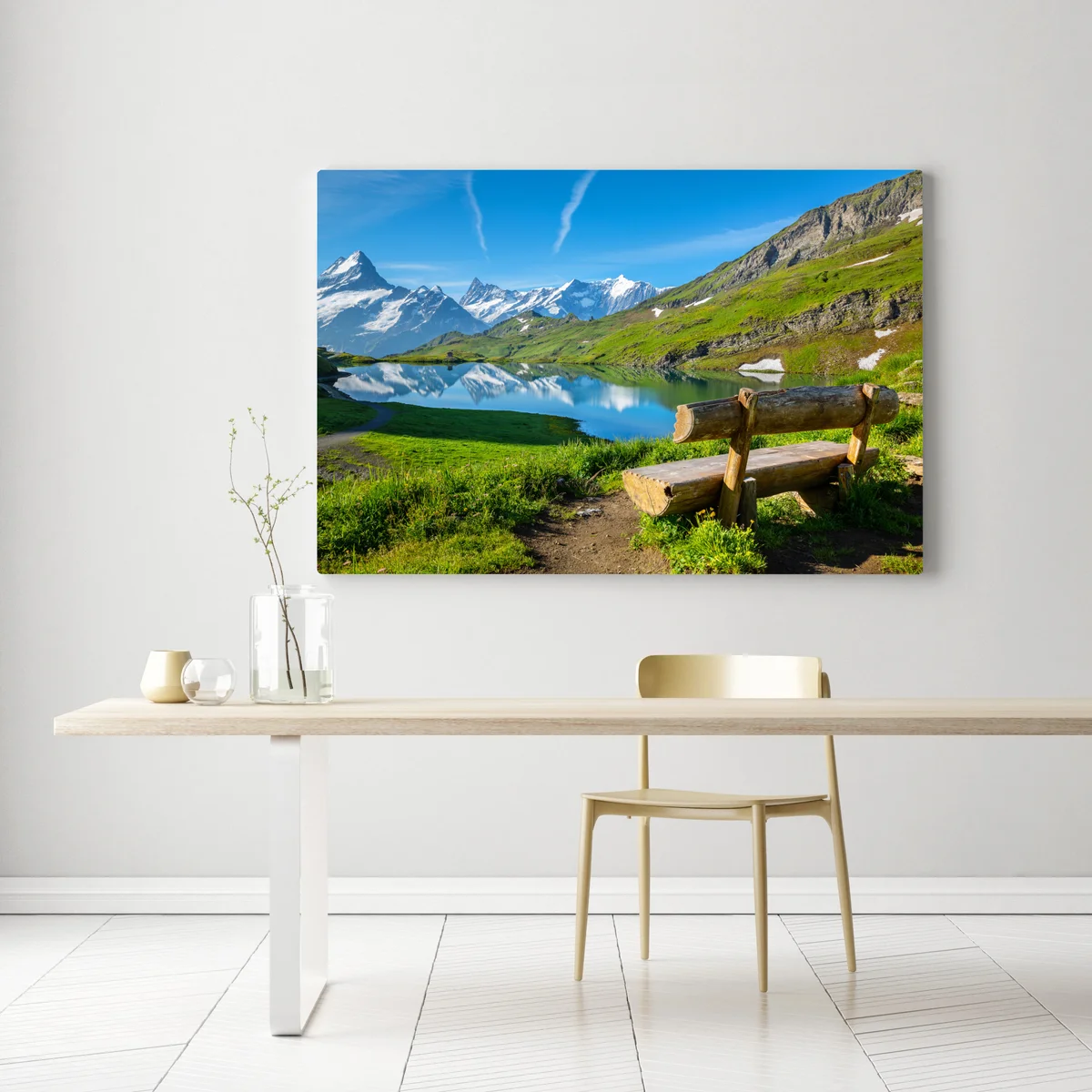 Leinwandbild alpensee mit hölzerner bank Leinwandbild alpensee mit hölzerner bank