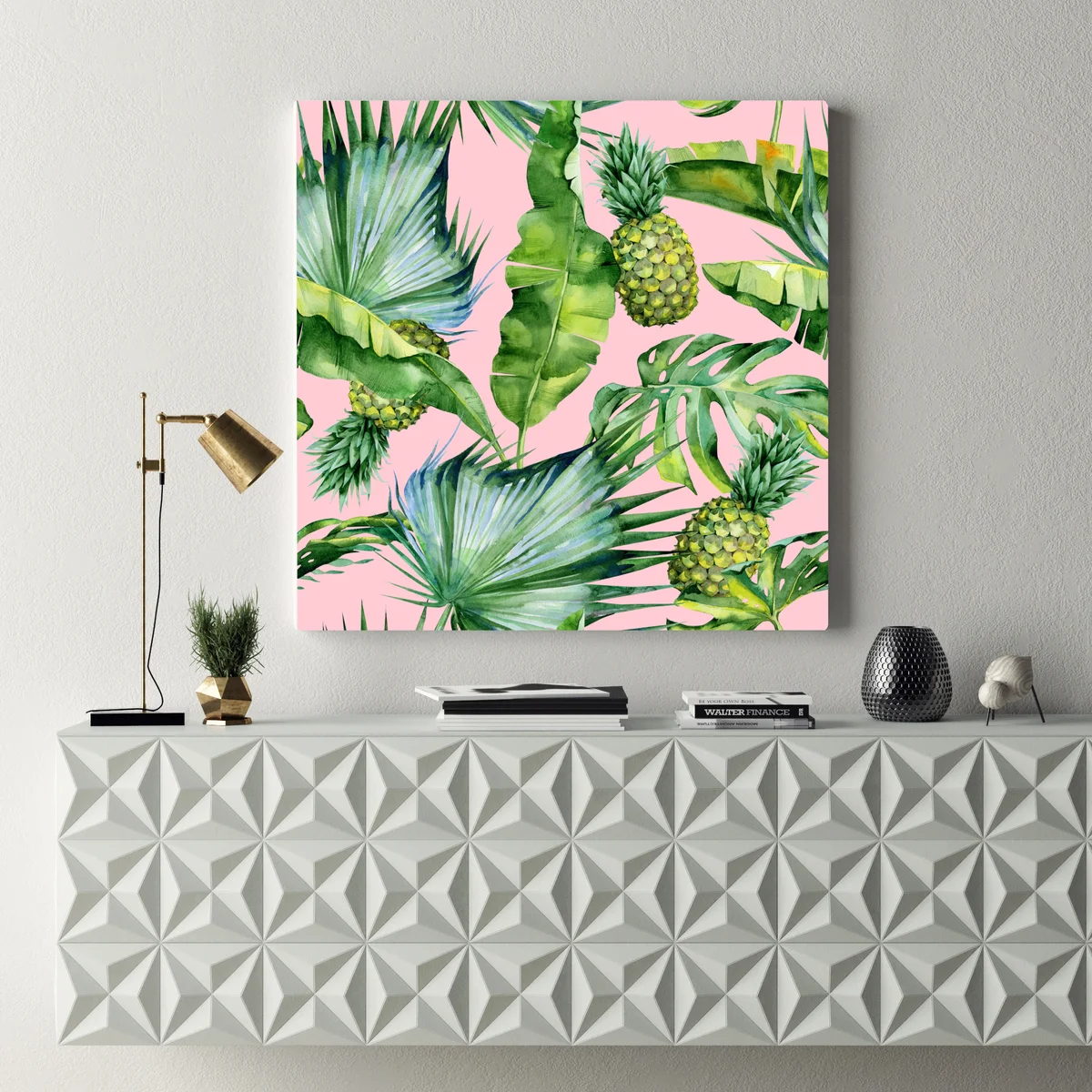 Leinwandbild tropisches ananas- und blattmuster in aquarell auf rosa hintergrund Leinwandbild tropisches ananas- und blattmuster in aquarell auf rosa hintergrund
