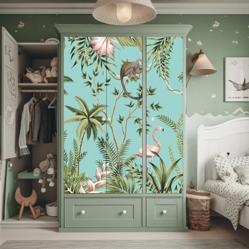 Schrankaufkleber tropische dschungelszene mit elefant und flamingo