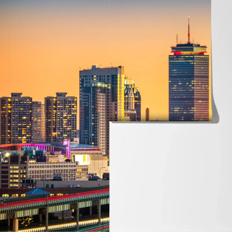 Fototapete panorama von Boston bei sonnenuntergang mit Zakim und Tobin brücken Fototapete panorama von Boston bei sonnenuntergang mit Zakim und Tobin brücken