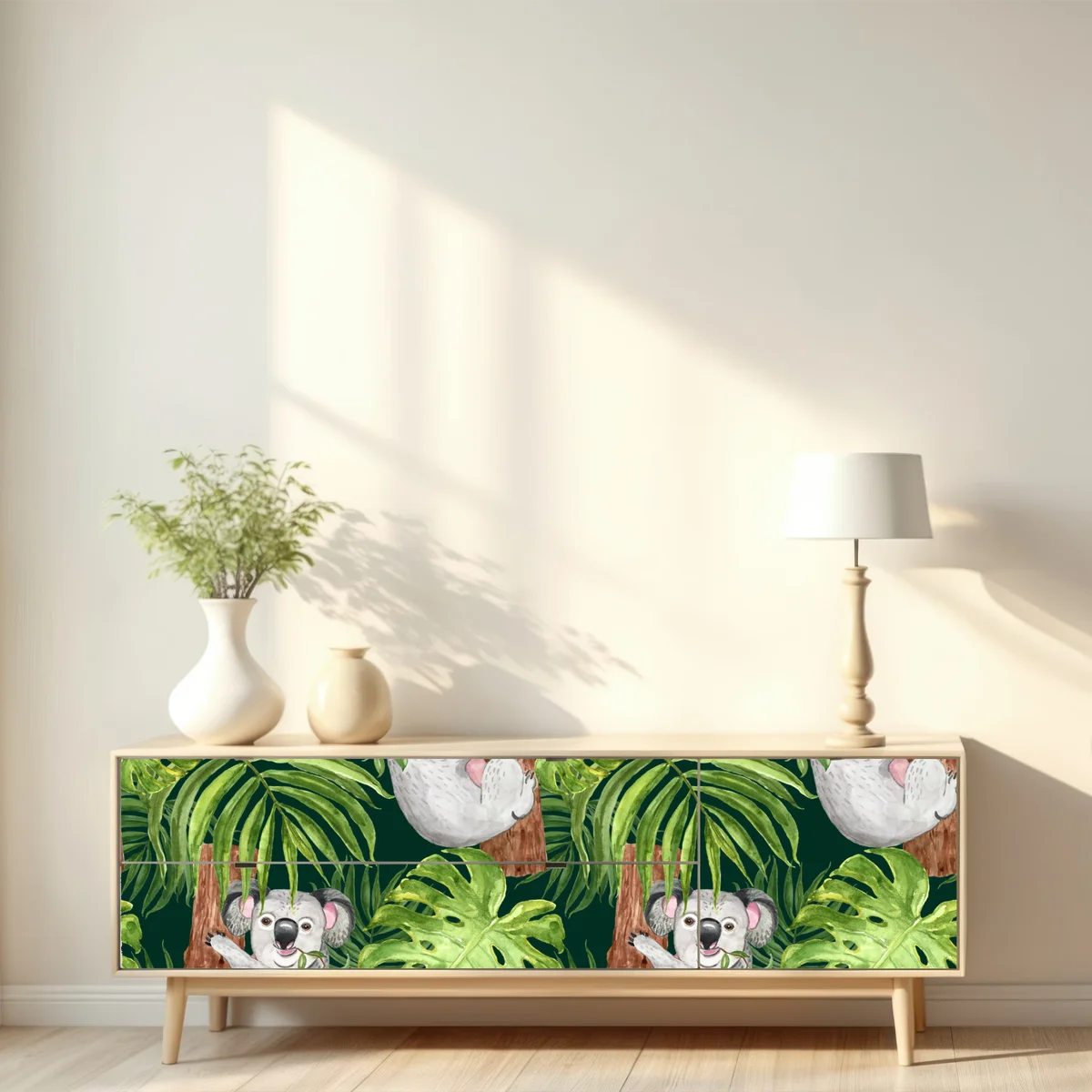 Repositionierbarer Aufkleber niedliches aquarell-koala-muster mit tropischen blättern Repositionierbarer Aufkleber niedliches aquarell-koala-muster mit tropischen blättern