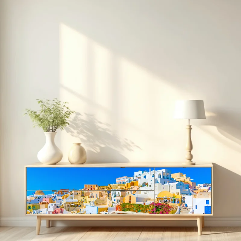 Repositionierbarer Aufkleber sonniges Dorf Oia, Santorini