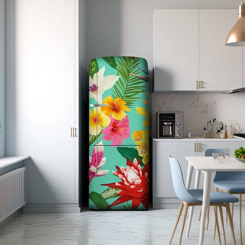 Kühlschrankaufkleber tropisches aquarell-blumenmuster mit hibiskus, tigerlilie und paradiesvogelblume Kühlschrankaufkleber tropisches aquarell-blumenmuster mit hibiskus, tigerlilie und paradiesvogelblume