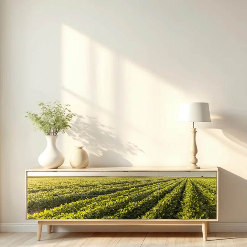 Repositionierbarer Aufkleber sonnenbeschienenes sojafeld bei sonnenuntergang