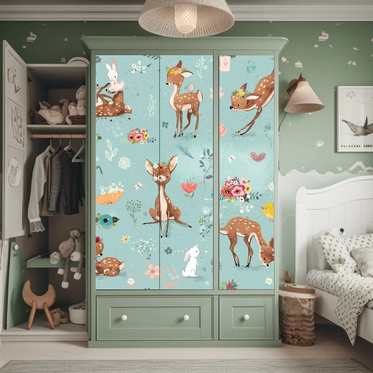 Schrankaufkleber pastellmuster mit rehkitzen und hasen Schrankaufkleber pastellmuster mit rehkitzen und hasen