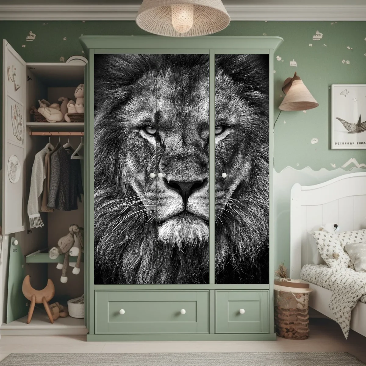 Schrankaufkleber majestätisches löwenportrait in monochrom Schrankaufkleber majestätisches löwenportrait in monochrom