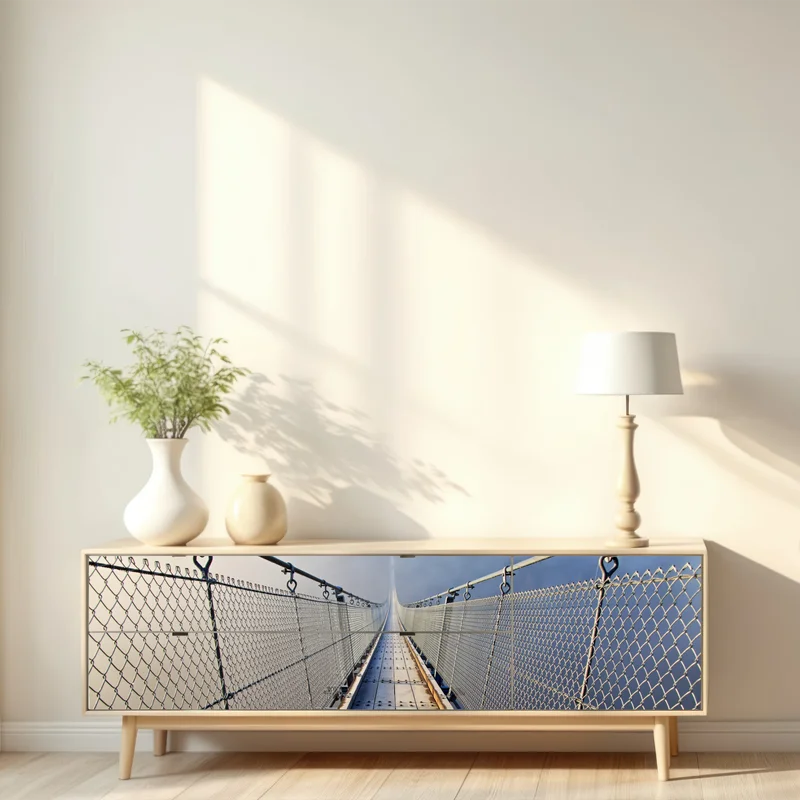 Repositionierbarer Aufkleber neblige hängebrücke, die in den wald führt