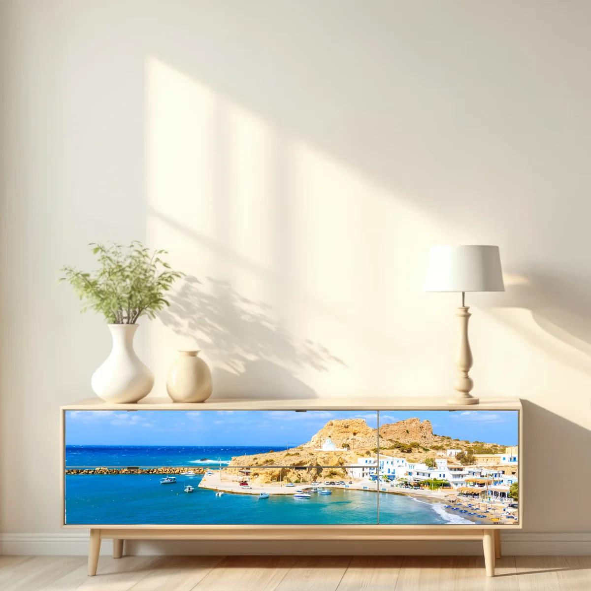 Repositionierbarer Aufkleber sonniger hafen Finiki an der Küste von Karpathos Repositionierbarer Aufkleber sonniger hafen Finiki an der Küste von Karpathos