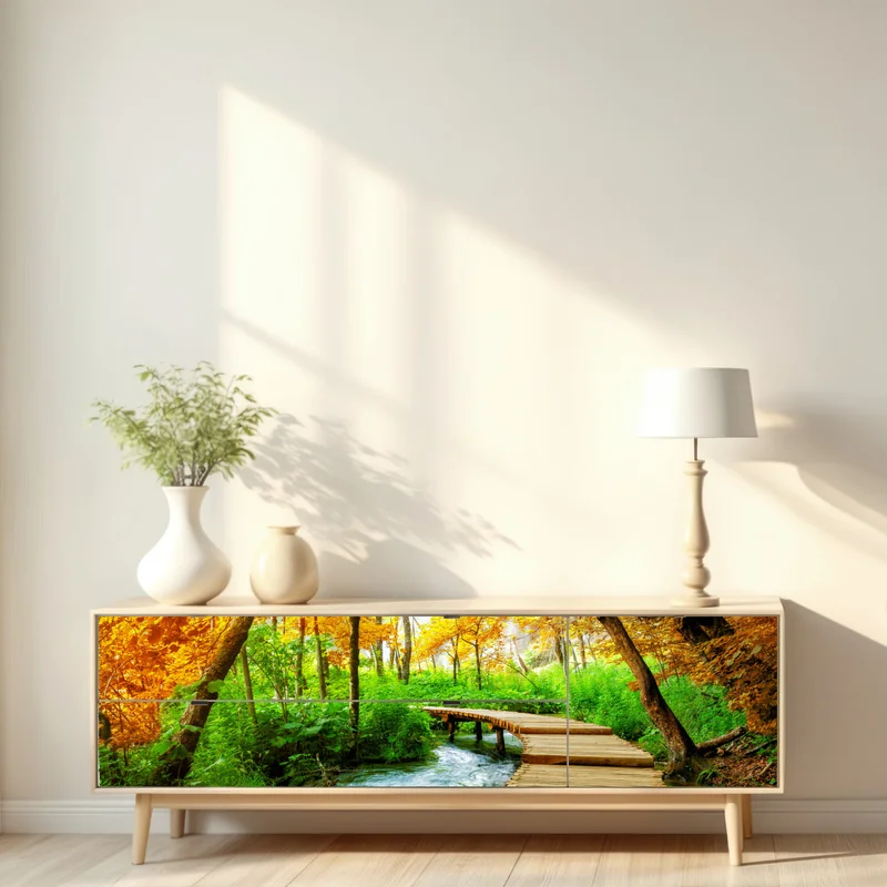 Repositionierbarer Aufkleber goldener steg durch den wald bei Plitvicer Seen