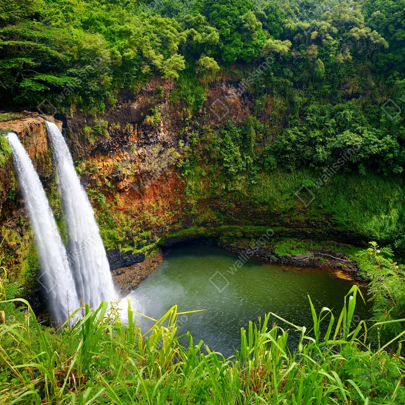 Leinwandbild doppelter wasserfall im üppig grünen wald Leinwandbild doppelter wasserfall im üppig grünen wald