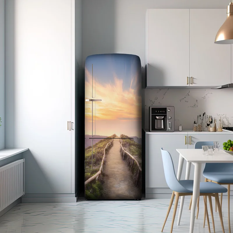 Kühlschrankaufkleber sonnenuntergangspfad auf berggrat über see und tal