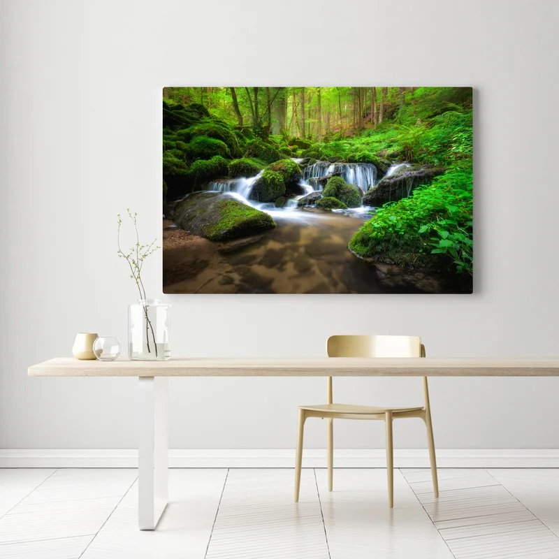 Leinwandbild ruhiger moosiger waldwasserfall Leinwandbild ruhiger moosiger waldwasserfall