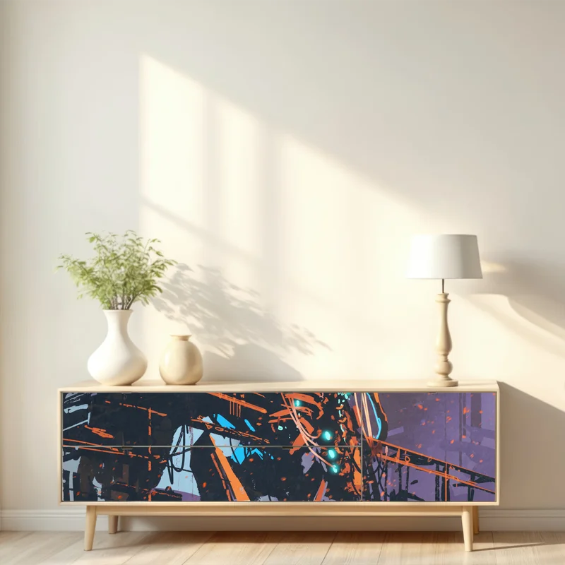 Repositionierbarer Aufkleber riesiger mech in verlassener fabrik Repositionierbarer Aufkleber riesiger mech in verlassener fabrik