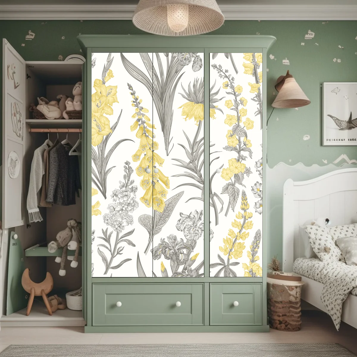 Schrankaufkleber vintage botanisches blumenmuster in gelb und grau Schrankaufkleber vintage botanisches blumenmuster in gelb und grau