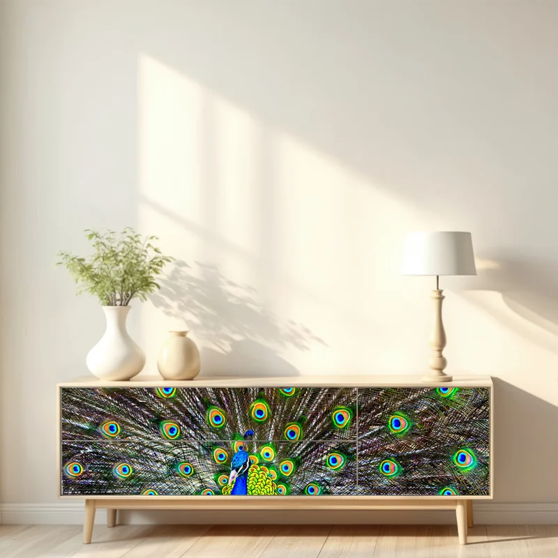 Repositionierbarer Aufkleber leuchtender fächer aus pfauenfedern