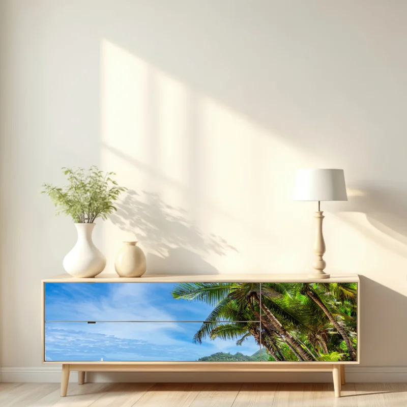 Repositionierbarer Aufkleber tropischer strand mit palmen und segelboot