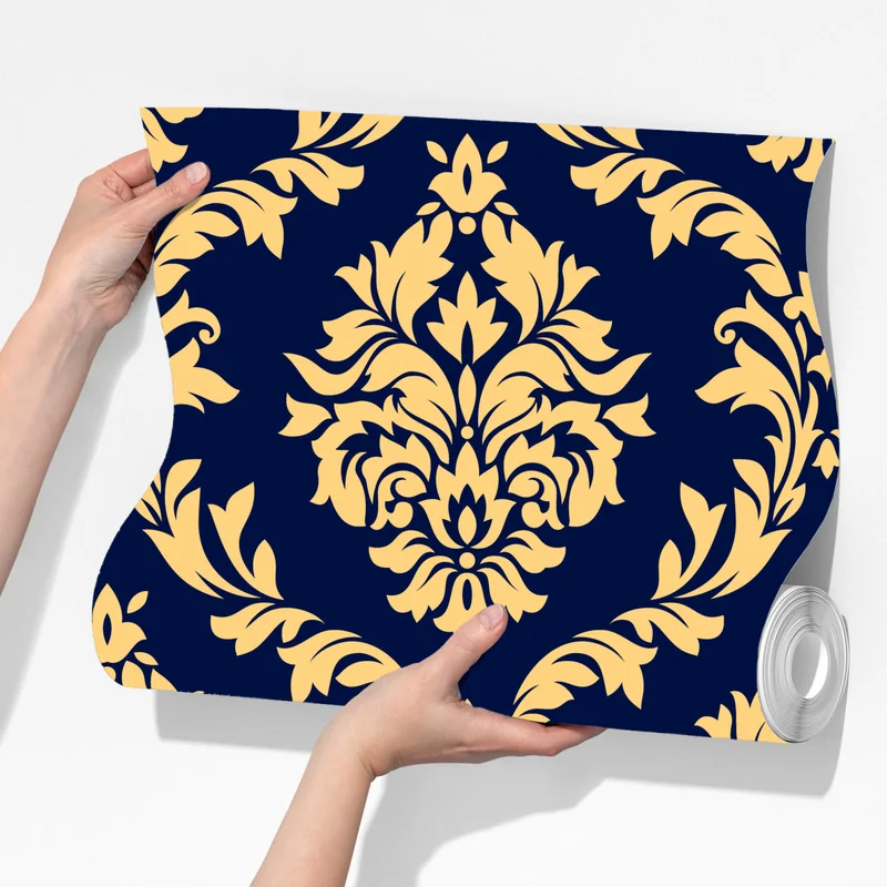 Fototapete elegantes goldenes damastmuster auf tiefblauem hintergrund Fototapete elegantes goldenes damastmuster auf tiefblauem hintergrund