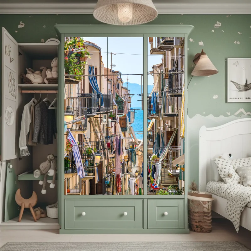 Schrankaufkleber sonnige gasse mit meerblick und balkonen Schrankaufkleber sonnige gasse mit meerblick und balkonen