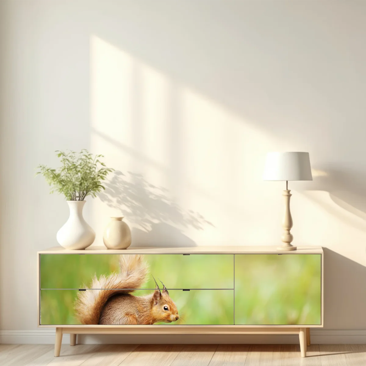 Repositionierbarer Aufkleber rotes eichhörnchen auf moosigem stamm Repositionierbarer Aufkleber rotes eichhörnchen auf moosigem stamm