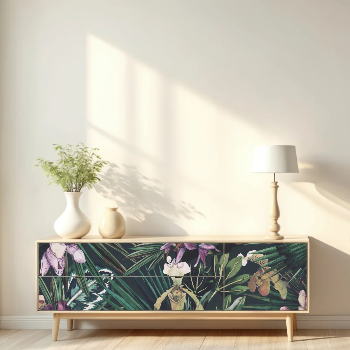 Repositionierbarer Aufkleber tropische orchideen in aquarell und palmblättern Repositionierbarer Aufkleber tropische orchideen in aquarell und palmblättern