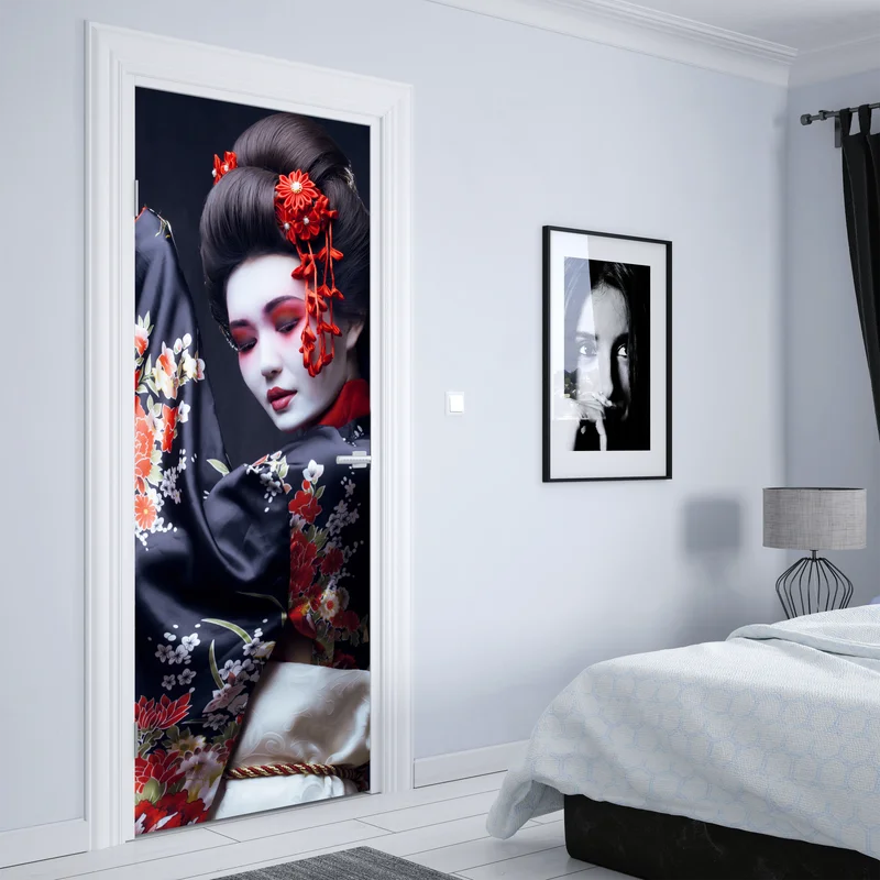 Türaufkleber elegantes geisha-porträt in rotem und schwarzem kimono Türaufkleber elegantes geisha-porträt in rotem und schwarzem kimono