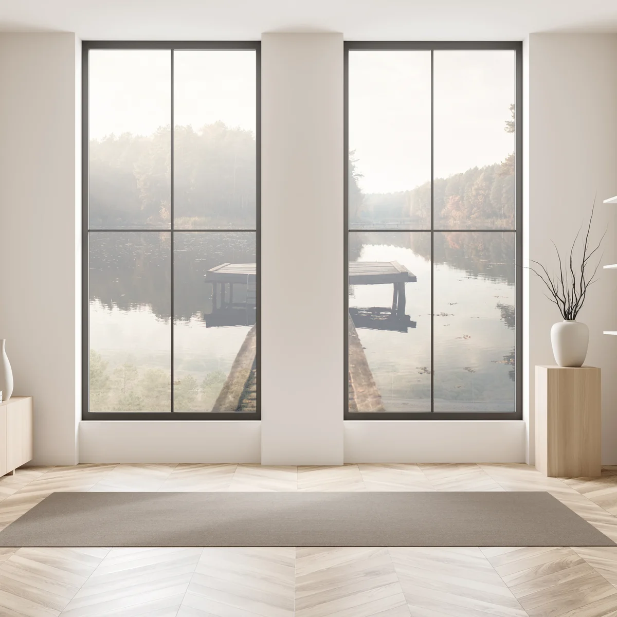 Fensteraufkleber herbstmorgen am see mit hölzernem steg Fensteraufkleber herbstmorgen am see mit hölzernem steg