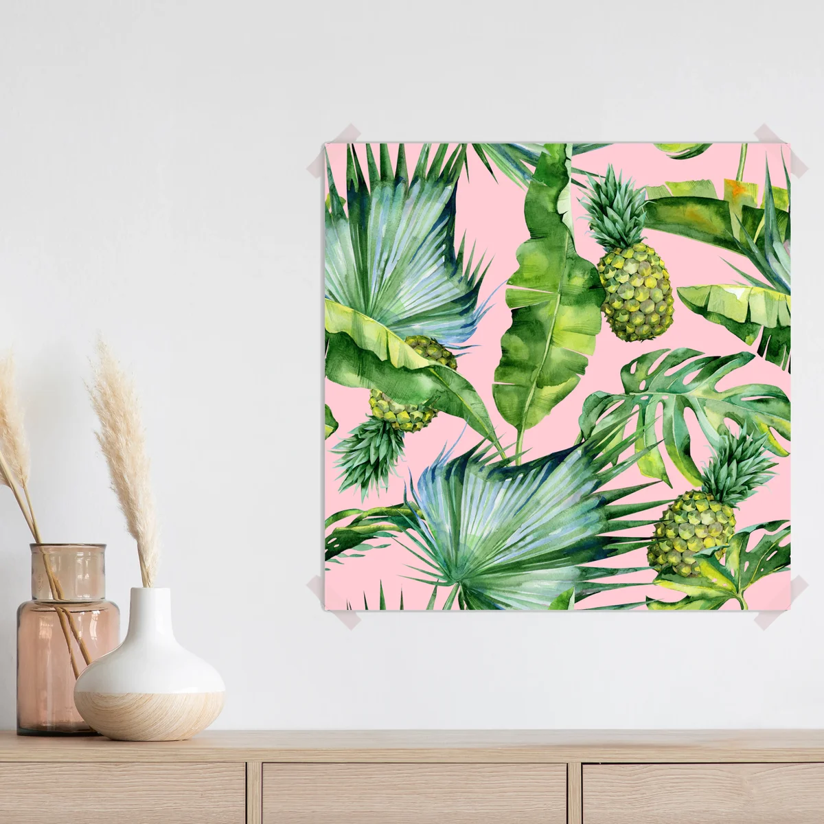 Poster tropisches ananas- und blattmuster in aquarell auf rosa hintergrund Poster tropisches ananas- und blattmuster in aquarell auf rosa hintergrund