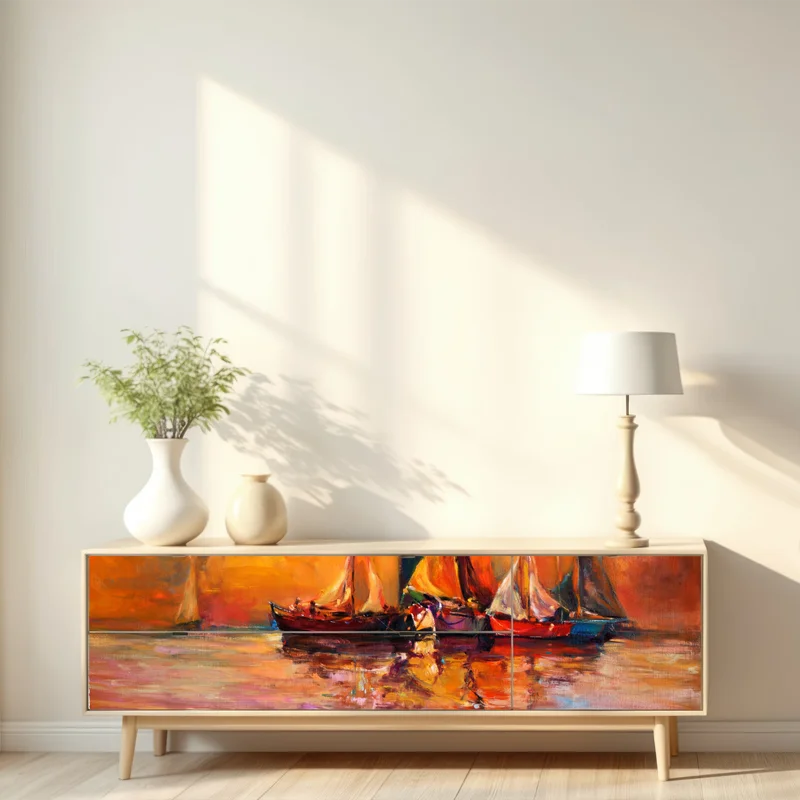 Repositionierbarer Aufkleber goldener sonnenuntergang mit segelbooten Repositionierbarer Aufkleber goldener sonnenuntergang mit segelbooten