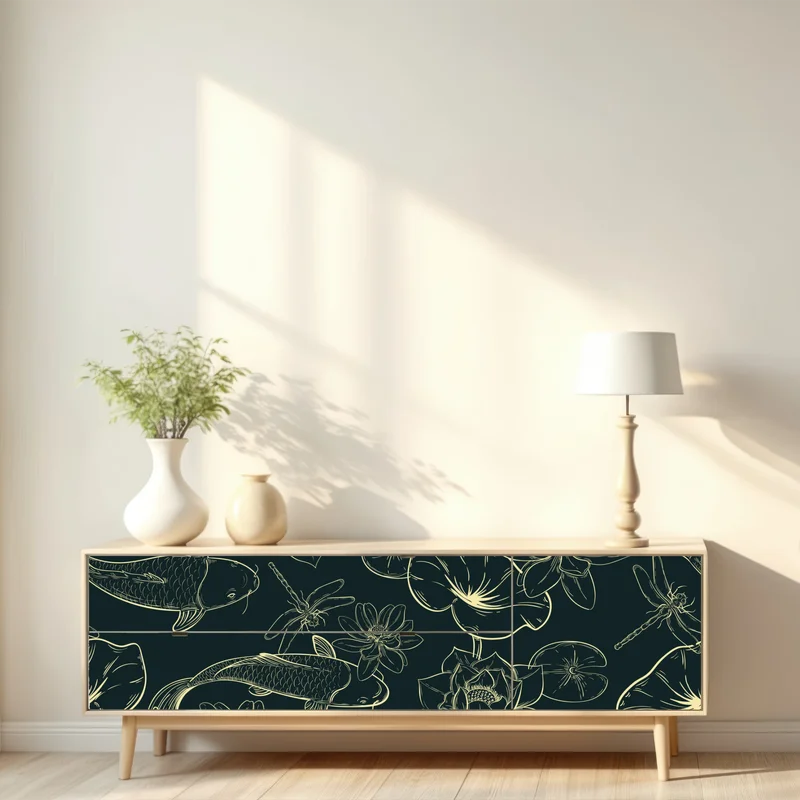 Repositionierbarer Aufkleber handgezeichnetes koi- und lotusmuster Repositionierbarer Aufkleber handgezeichnetes koi- und lotusmuster