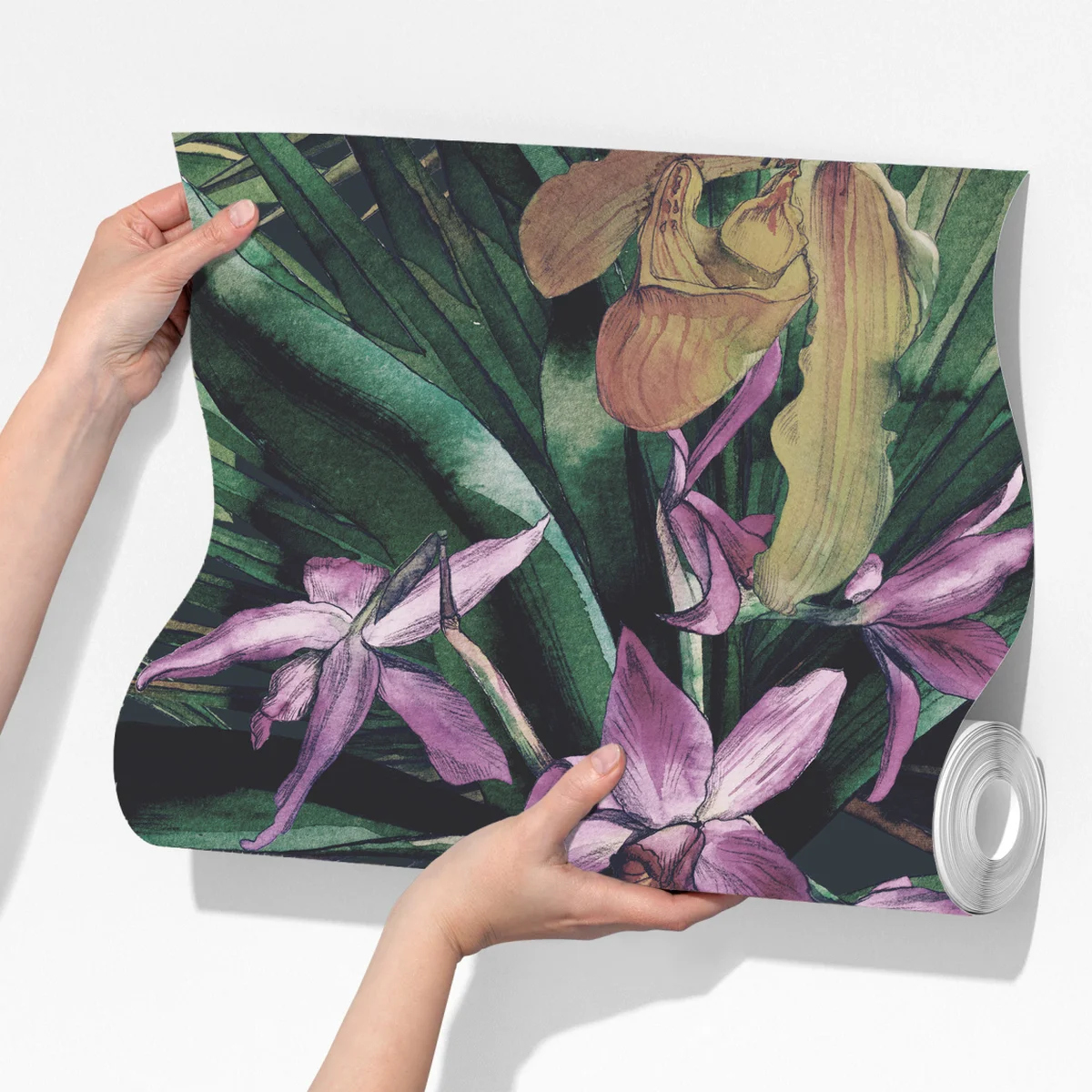 Fototapete tropische orchideen in aquarell und palmblättern Fototapete tropische orchideen in aquarell und palmblättern