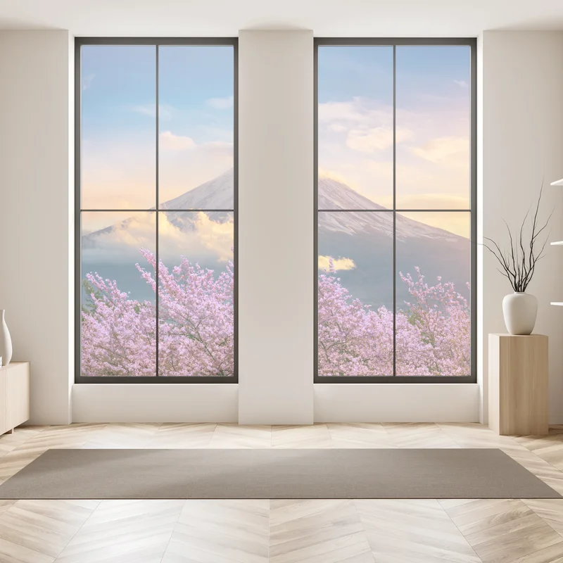 Fensteraufkleber Berg Fuji mit blühenden kirschblüten bei sonnenaufgang Fensteraufkleber Berg Fuji mit blühenden kirschblüten bei sonnenaufgang