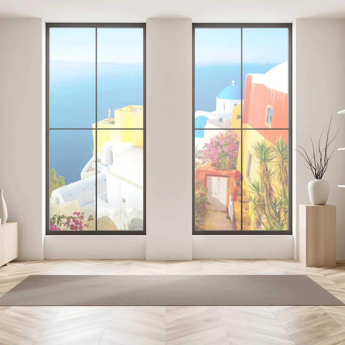 Fensteraufkleber sonniges Santorini küstendorf Fensteraufkleber sonniges Santorini küstendorf