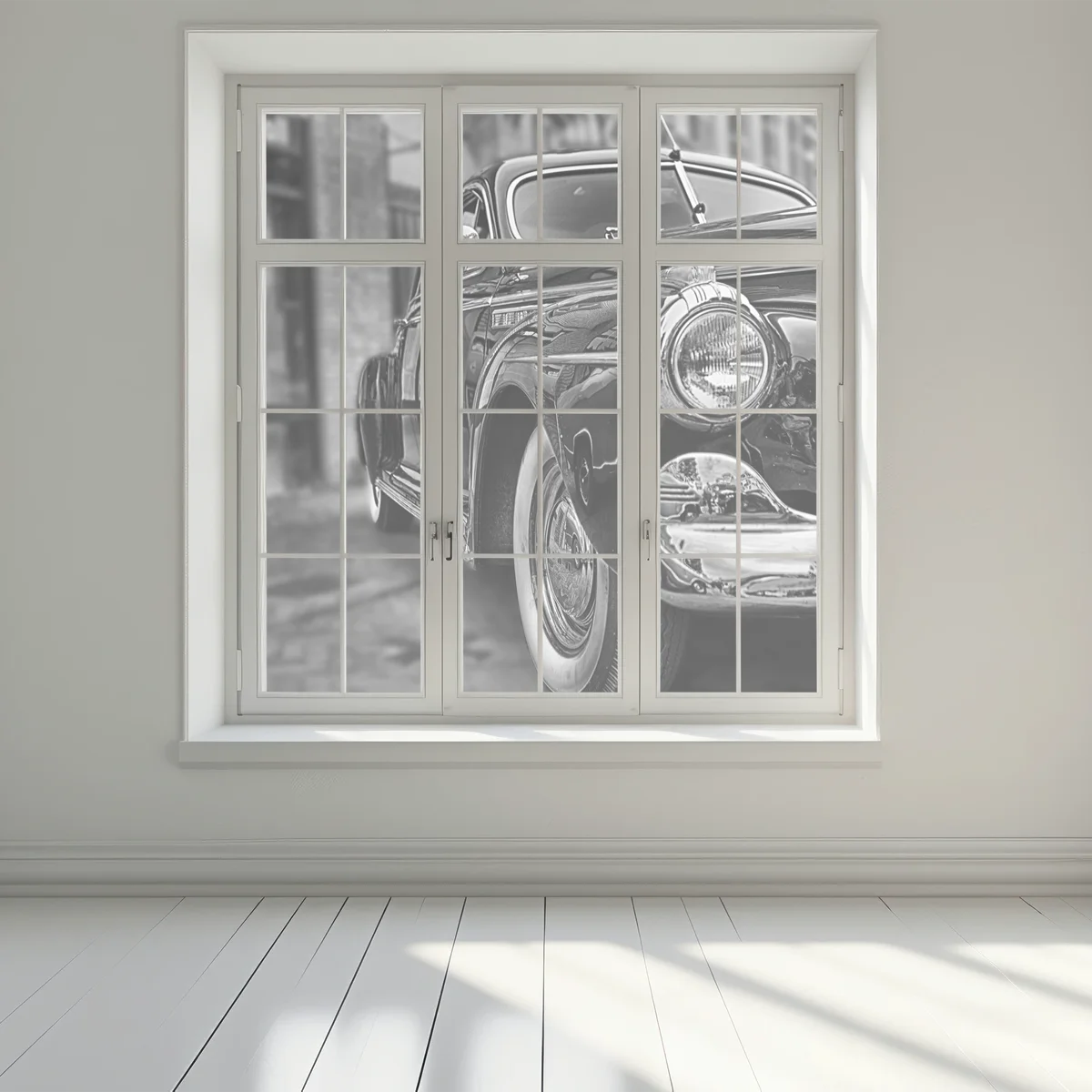 Naklejka na okno zabytkowy klasyczny samochód na brukowanej ulicy Naklejka na okno zabytkowy klasyczny samochód na brukowanej ulicy