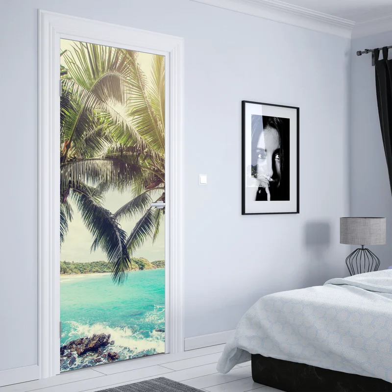 Türaufkleber tropische kokospalmen am türkisfarbenen meer