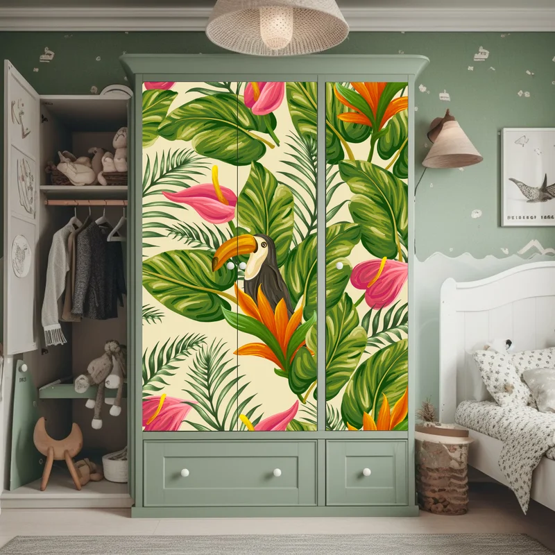 Schrankaufkleber tropisches botanisches muster mit tukan Schrankaufkleber tropisches botanisches muster mit tukan